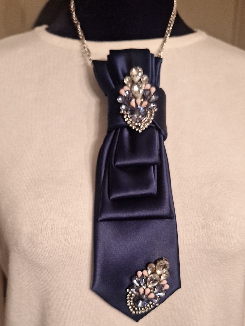 Navy Necktie Necklace With Beautiful Brooches